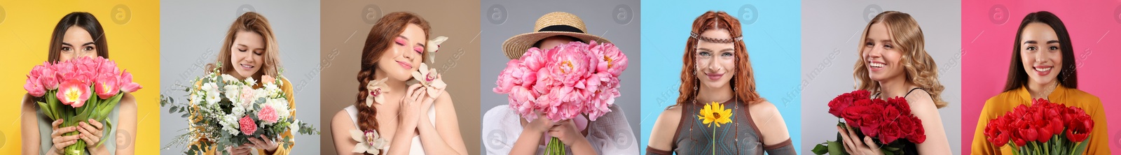 Image of 8 March - Happy Women's Day. Charming ladies with beautiful flowers on different colors backgrounds, collage