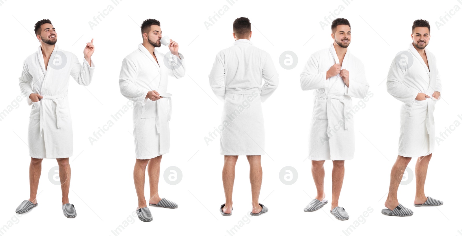 Image of Man wearing bathrobe on white background, collage. Banner design