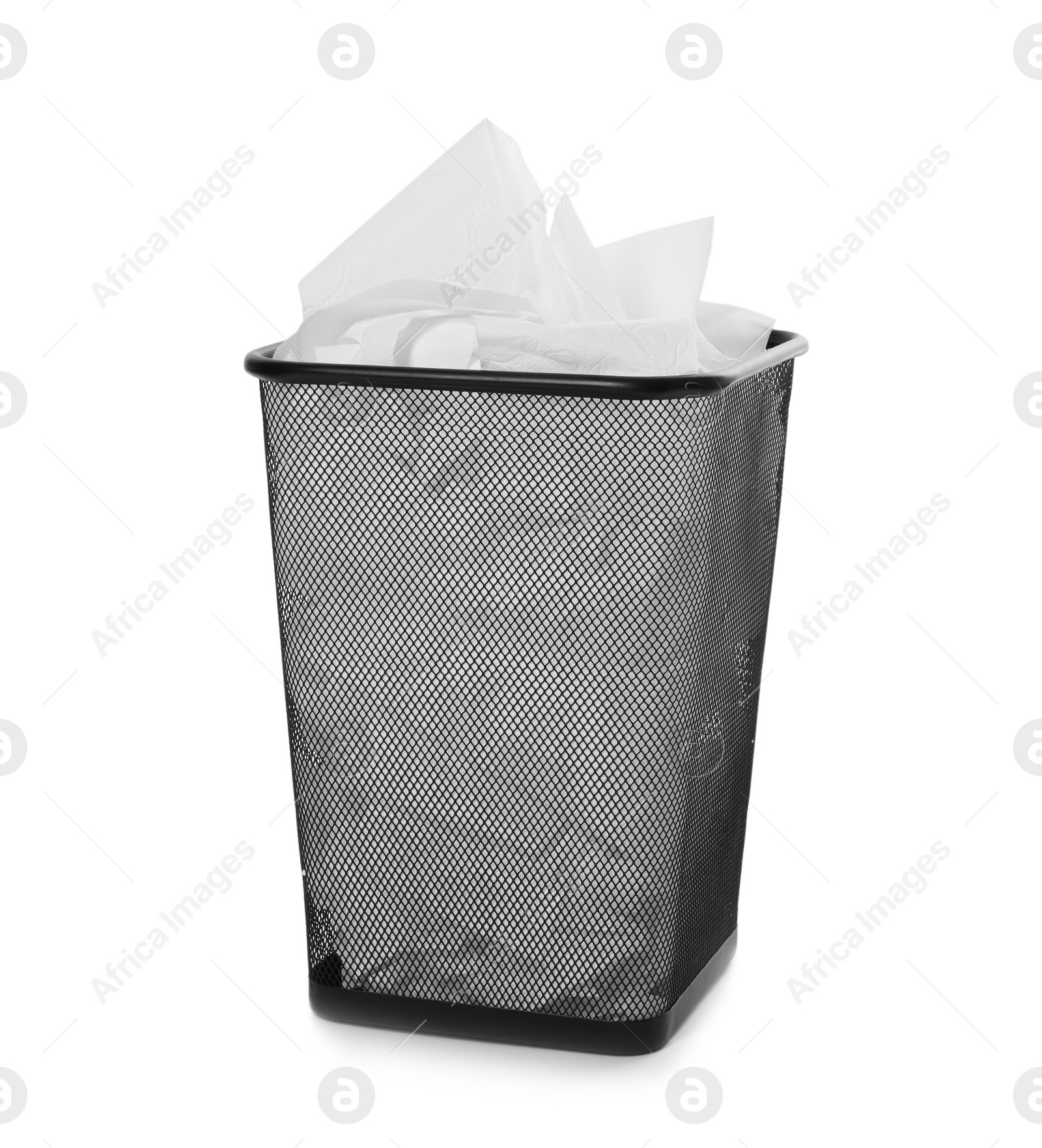 Photo of Trash bin with used toilet paper on white background