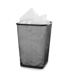 Photo of Trash bin with used toilet paper on white background