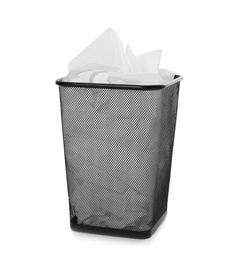 Trash bin with used toilet paper on white background