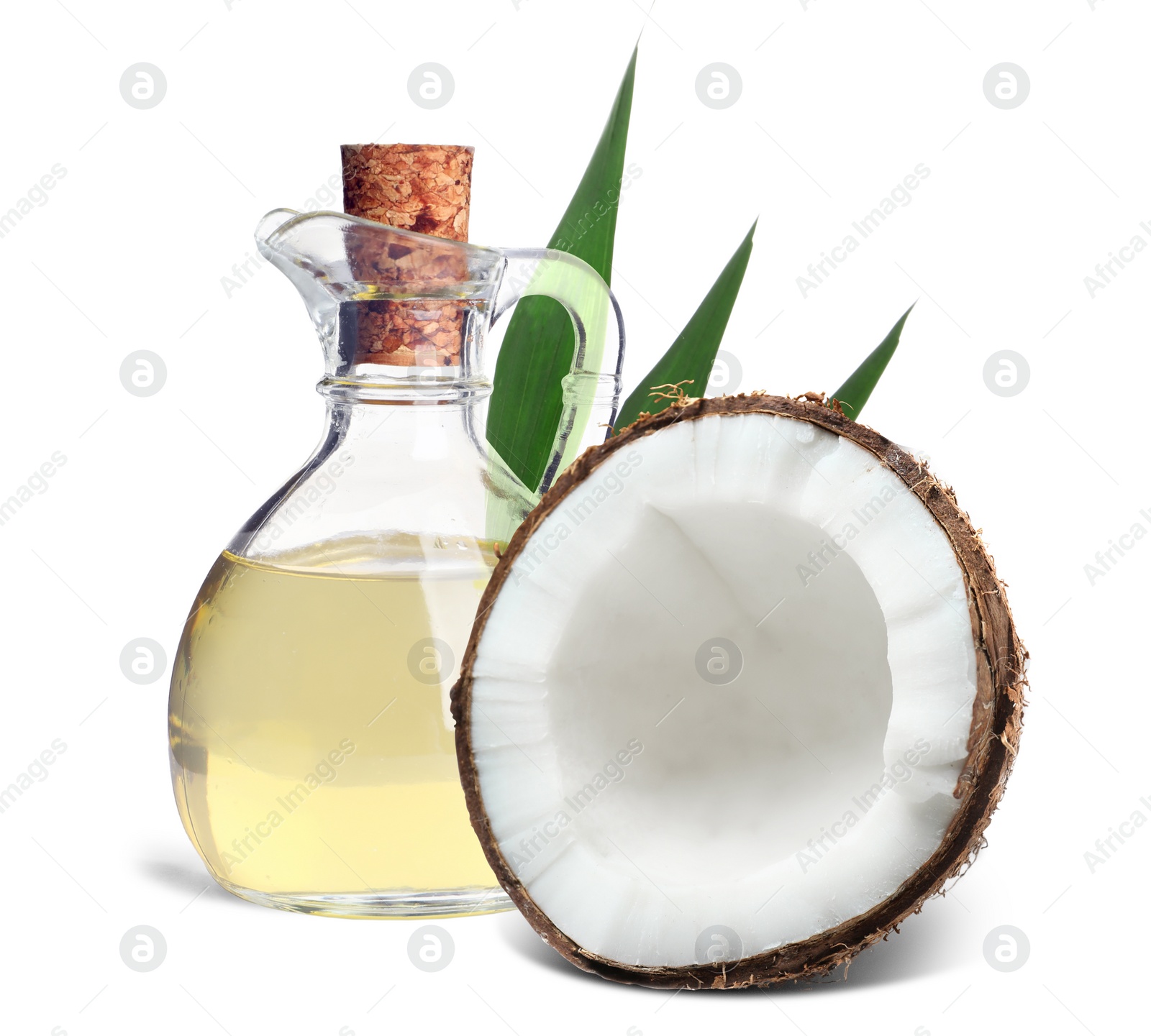 Image of Bottle of coconut cooking oil and fruit on white background