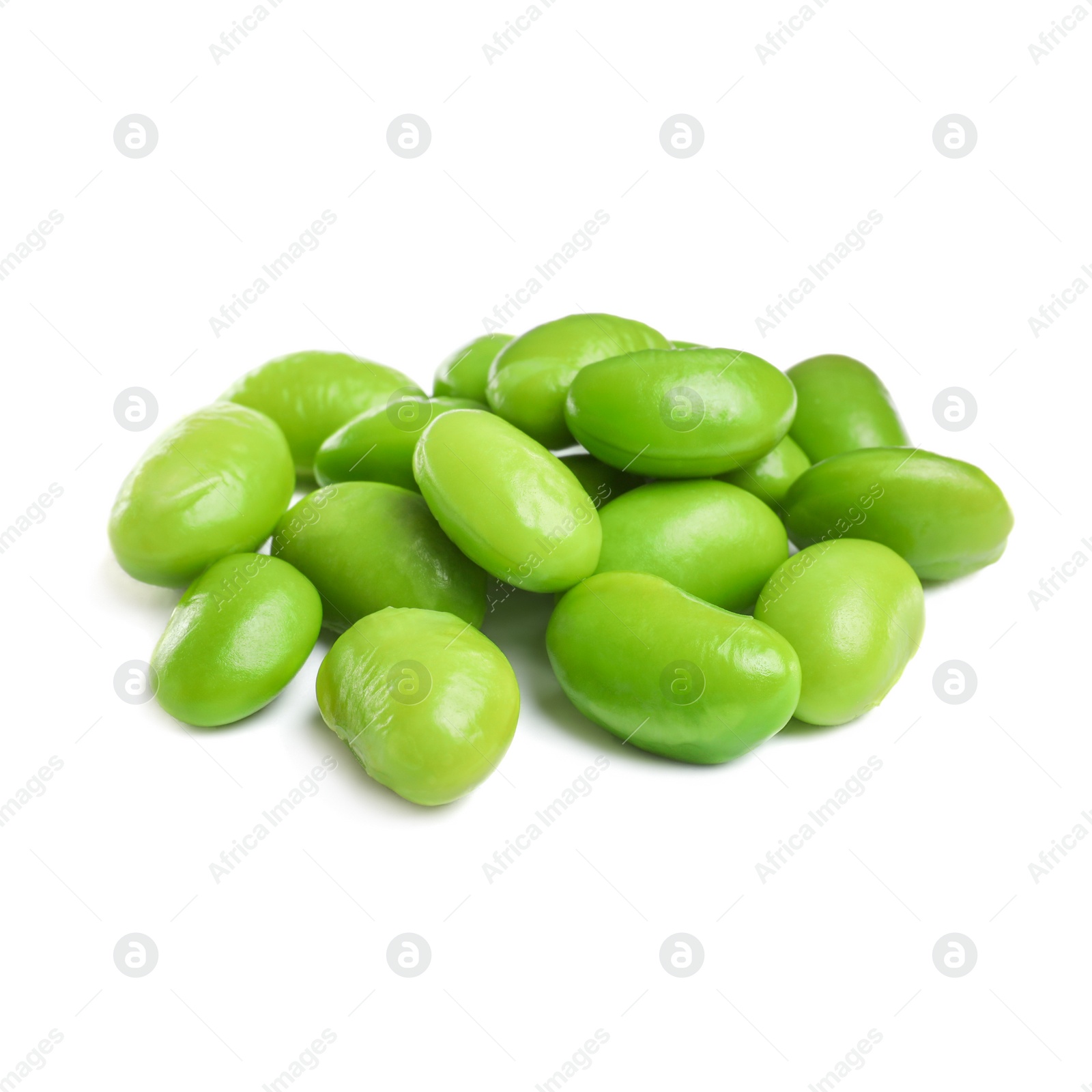 Photo of Pile of fresh edamame soybeans on white background