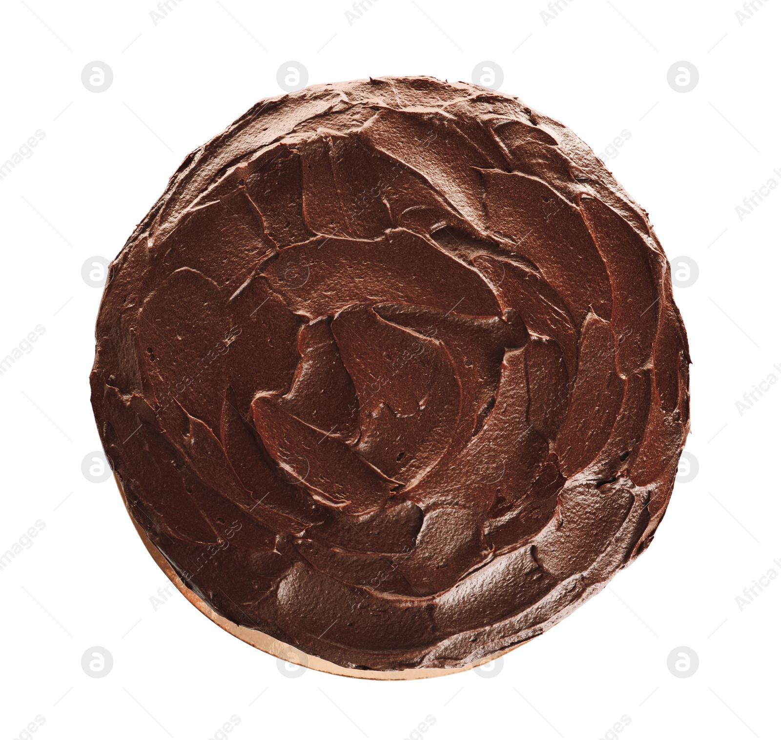 Photo of Tasty homemade chocolate cake on white background, top view