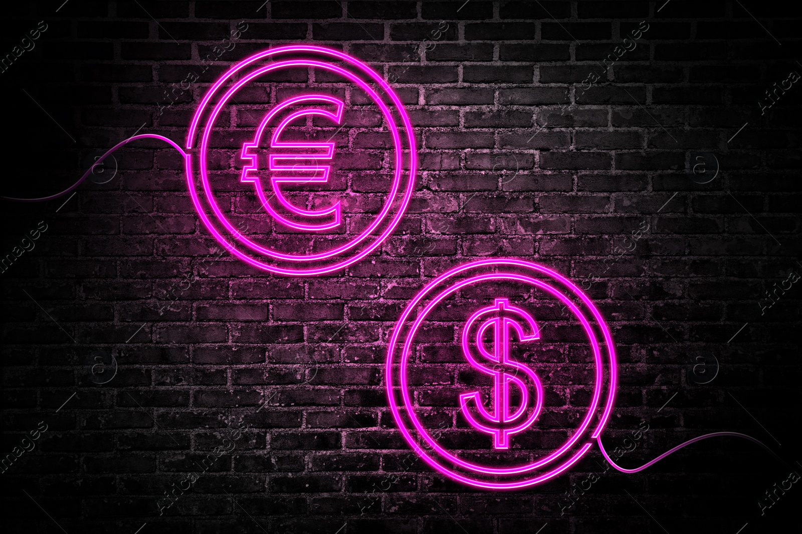 Image of Money exchange neon sign. Magenta euro and dollar symbols on brick wall