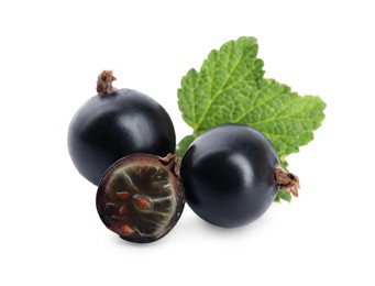 Ripe whole and cut blackcurrants with leaf isolated on white