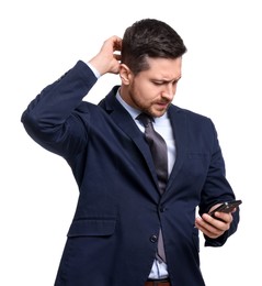 Photo of Handsome bearded businessman in suit using smartphone on white background