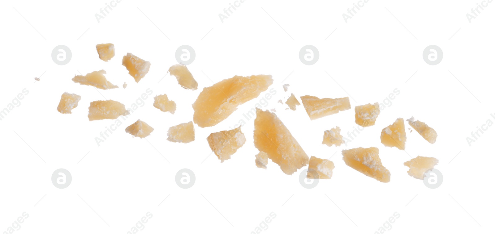 Photo of Pieces of delicious parmesan cheese on white background