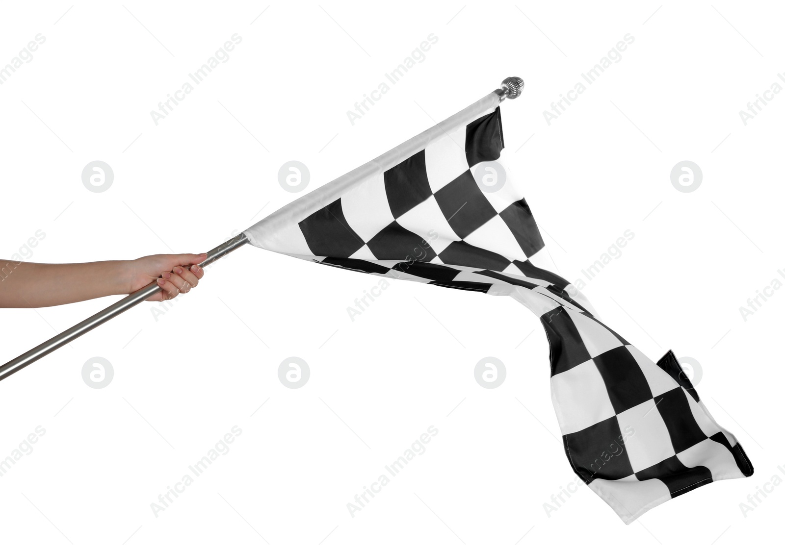 Photo of Woman holding checkered finish flag on white background, closeup