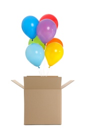 Gift box with bright air balloons on white background