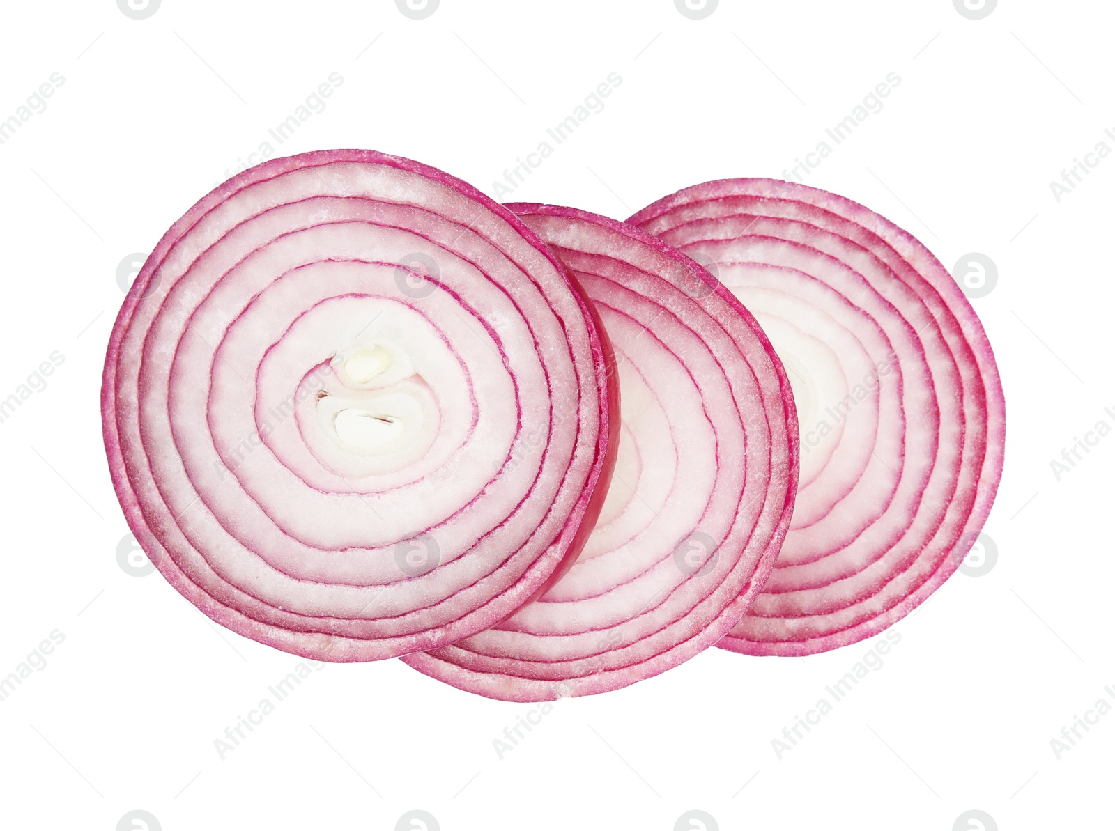 Photo of Fresh slices of red onion on white background, top view