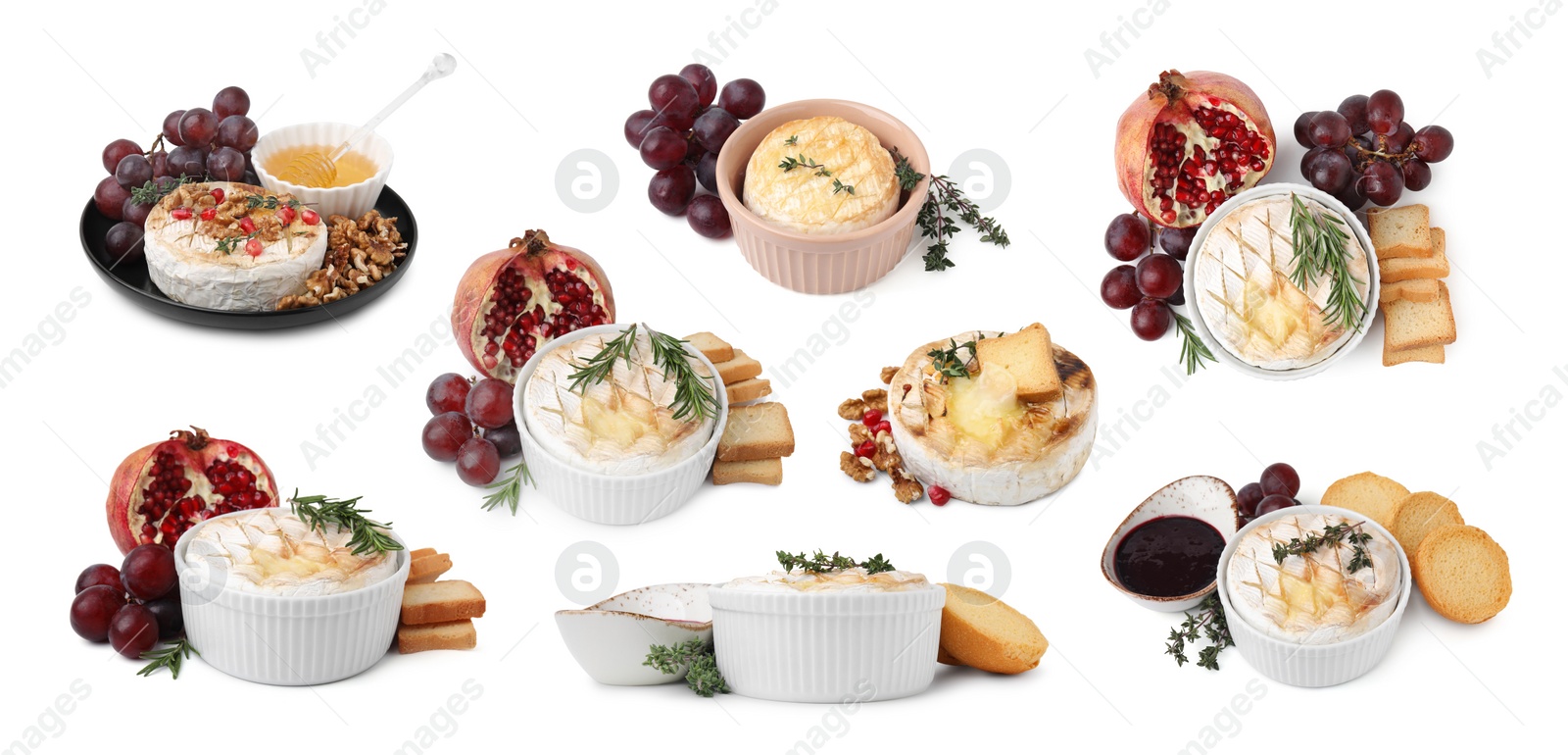 Image of Set of delicious baked camemberts with sides isolated on white