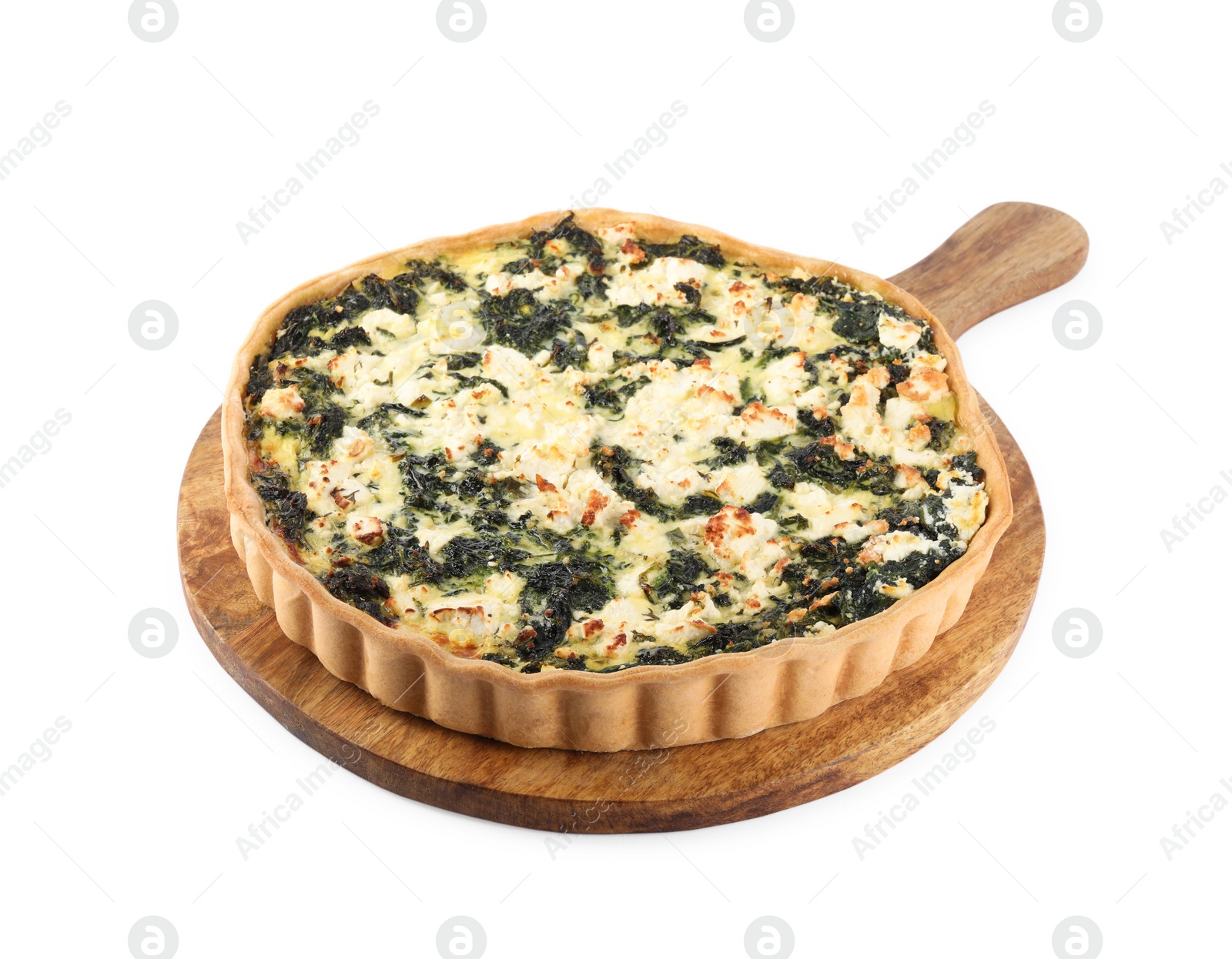 Photo of Delicious homemade spinach quiche isolated on white