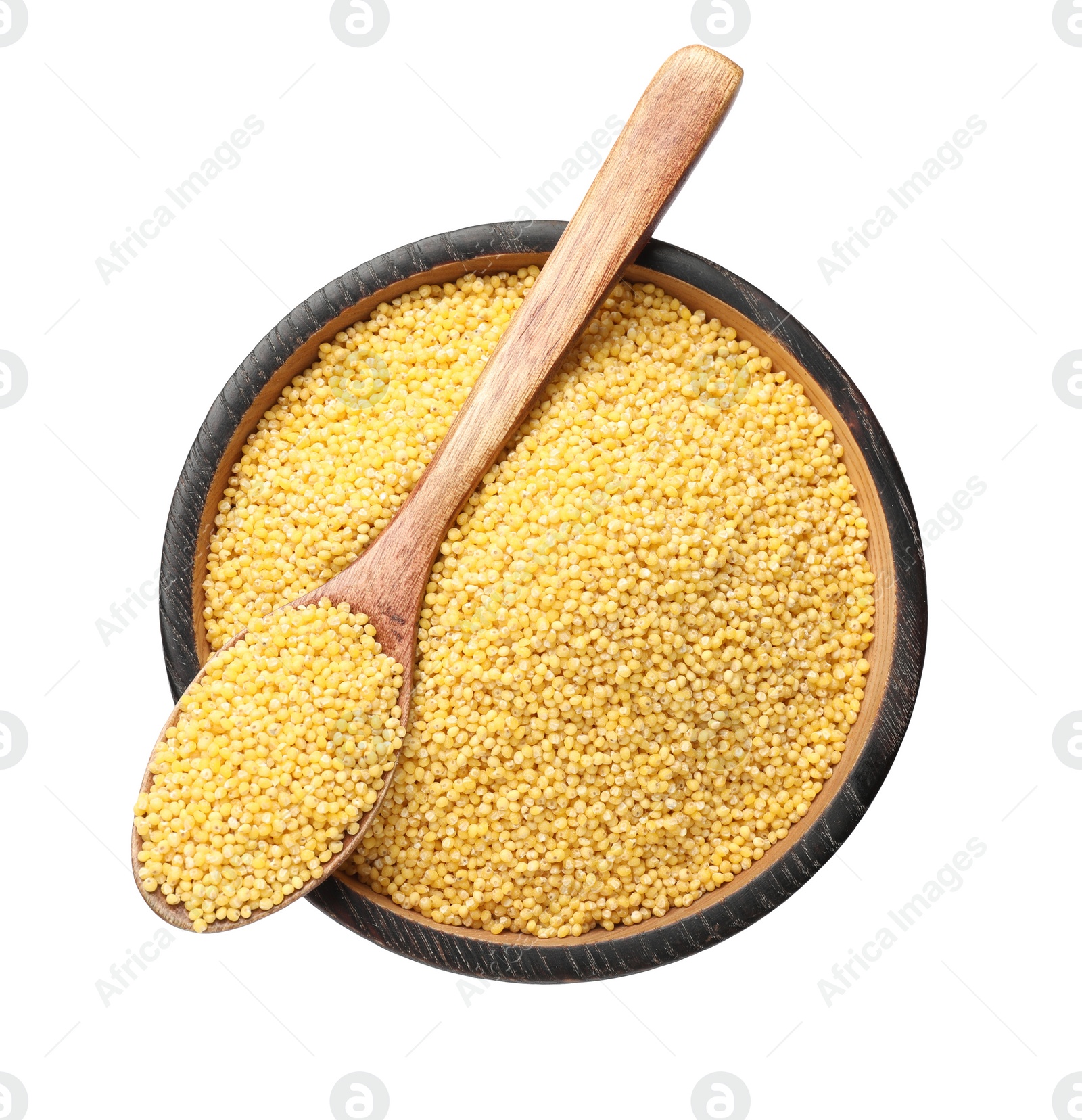 Photo of Dry millet seeds in bowl and spoon isolated on white, top view