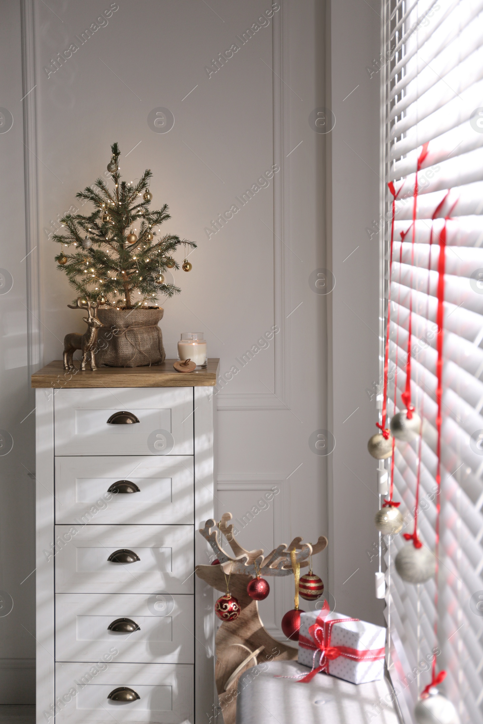 Photo of Beautiful room interior decorated with potted fir