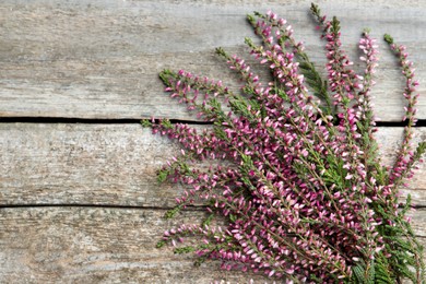 Heather branches with beautiful flowers on wooden table, flat lay. Space for text