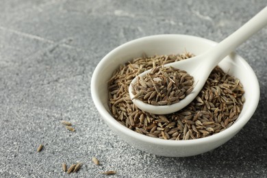 Bowl of caraway (Persian cumin) seeds and spoon on gray textured table, closeup. Space for text