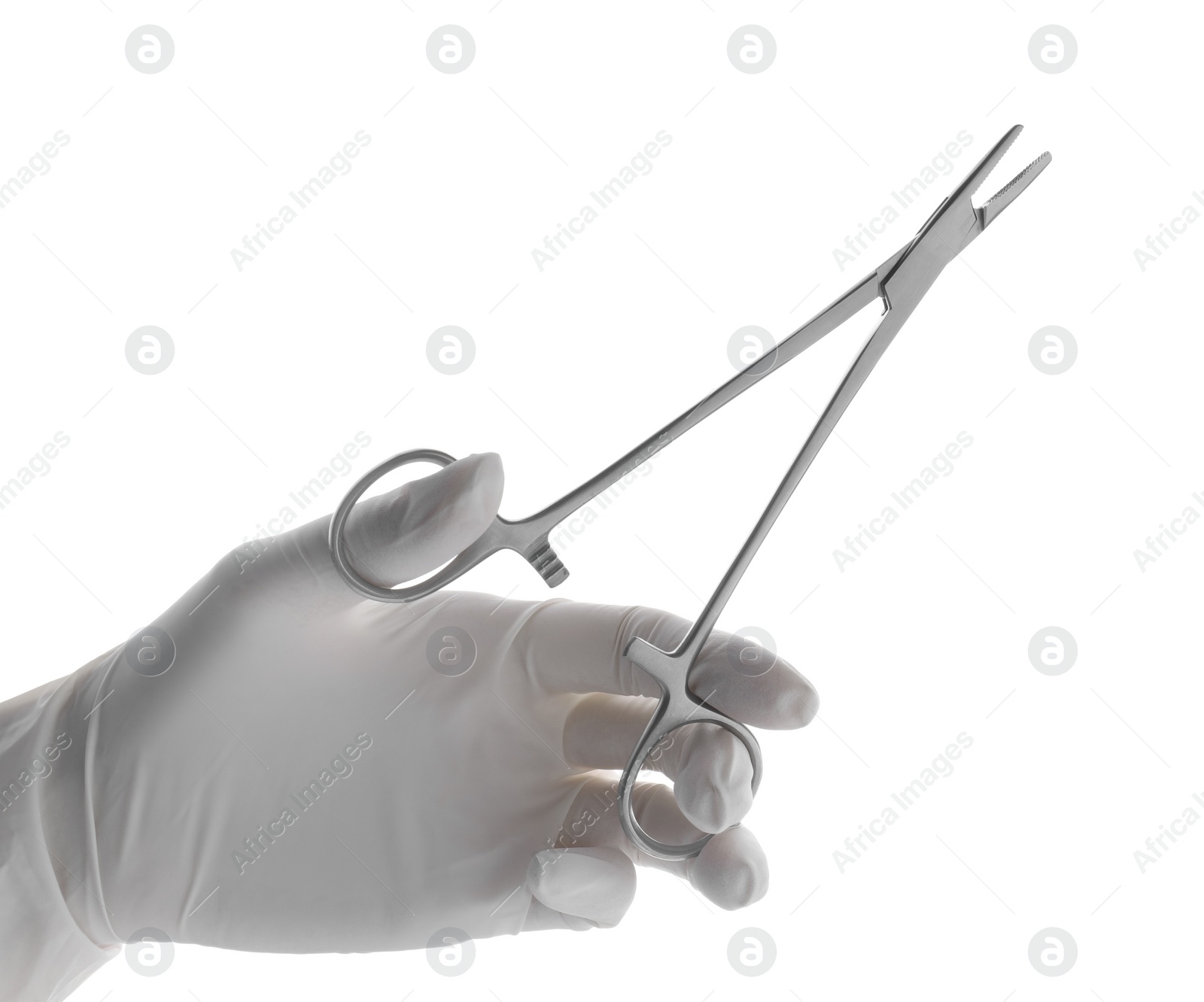 Photo of Doctor holding surgical forceps on white background, closeup. Medical instrument