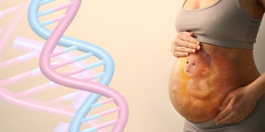 Image of Noninvasive prenatal testing (NIPT). Double exposure of pregnant woman and little baby, banner design. Illustration of DNA structure on beige background