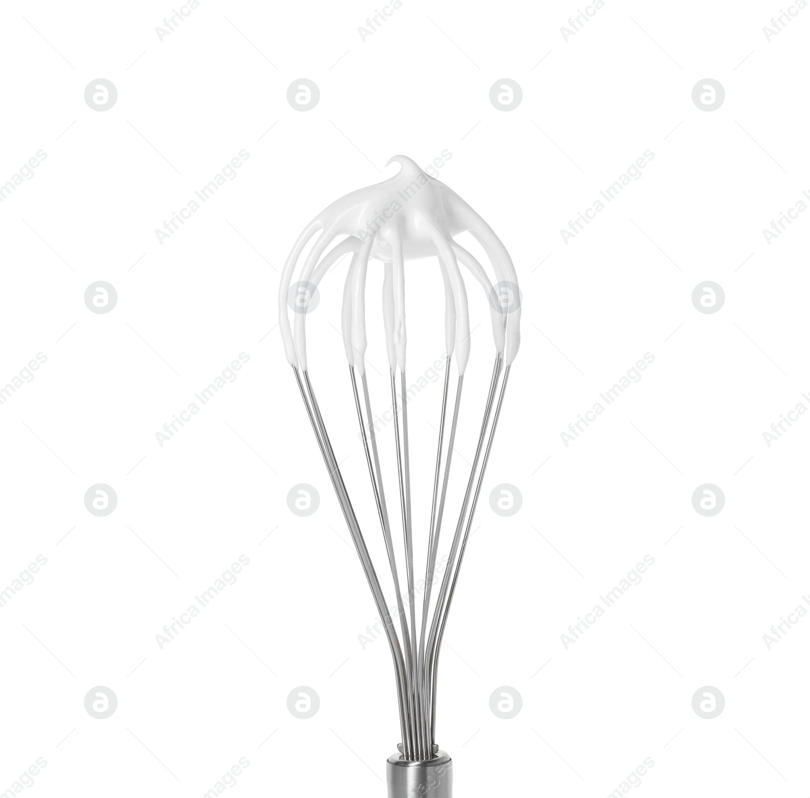 Photo of Whisk with whipped cream isolated on white