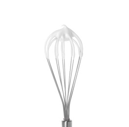 Photo of Whisk with whipped cream isolated on white