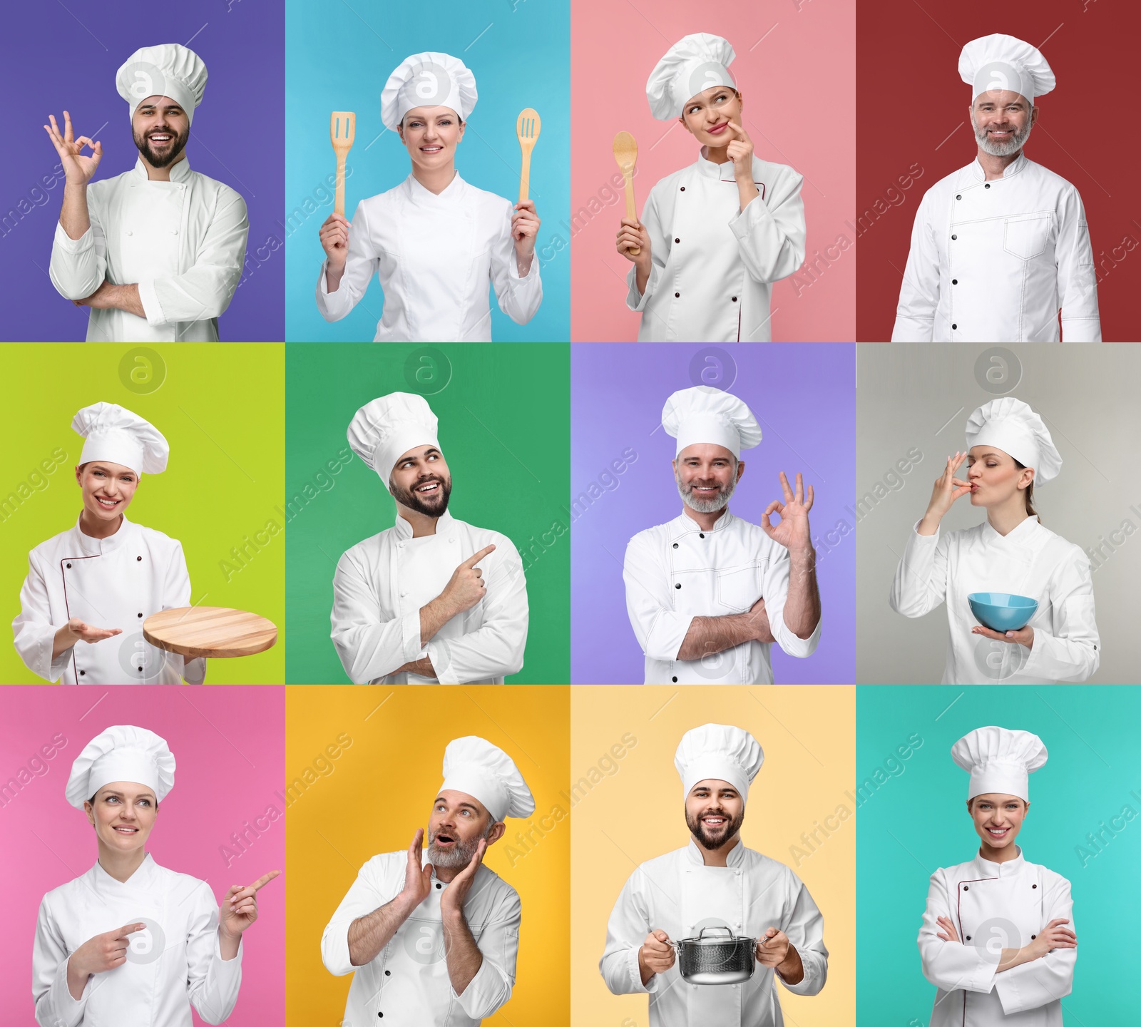 Image of Collage with photos of professional chefs on different color backgrounds