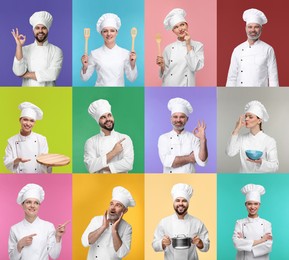 Image of Collage with photos of professional chefs on different color backgrounds