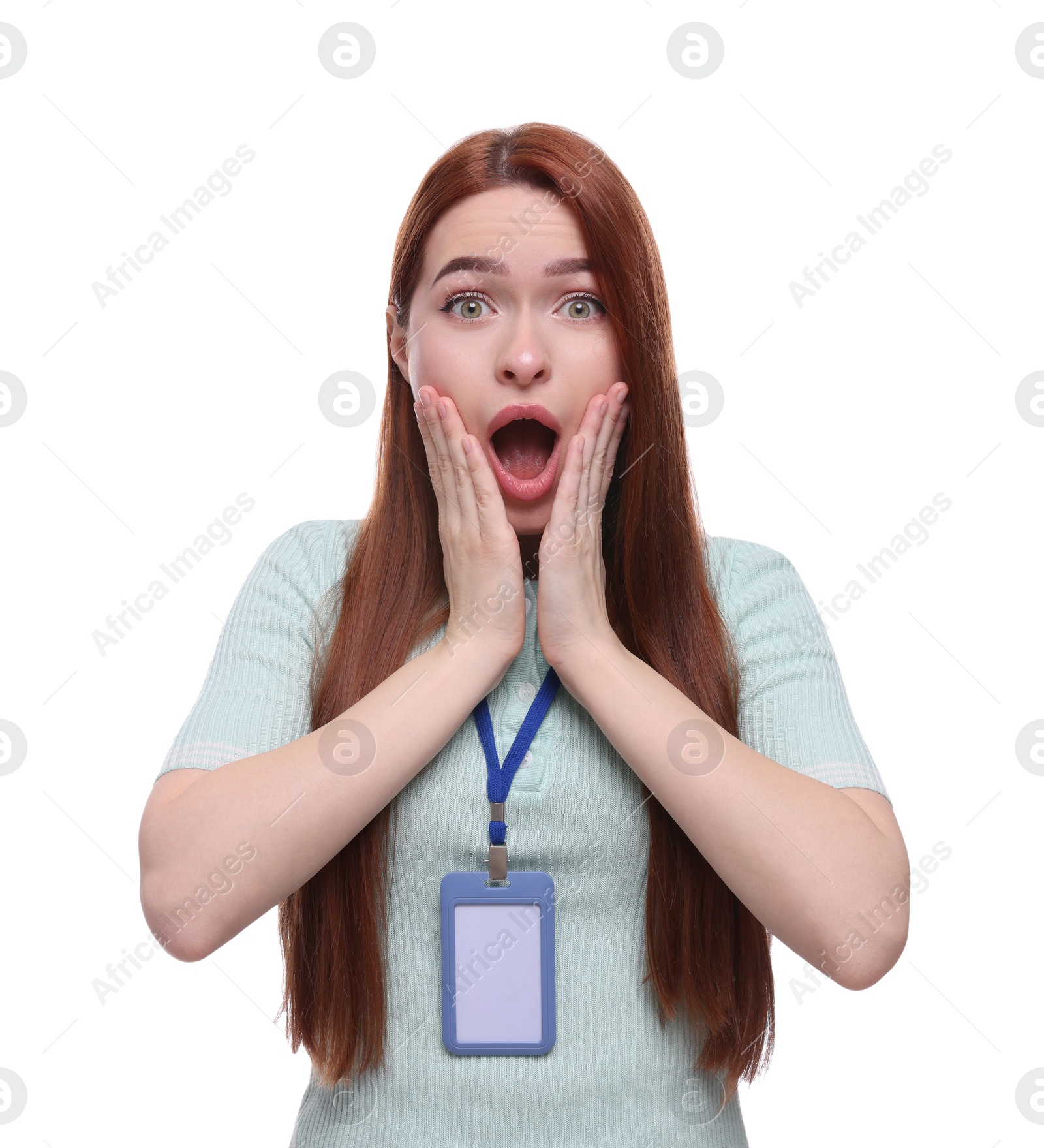 Photo of Shocked woman with vip pass badge on white background