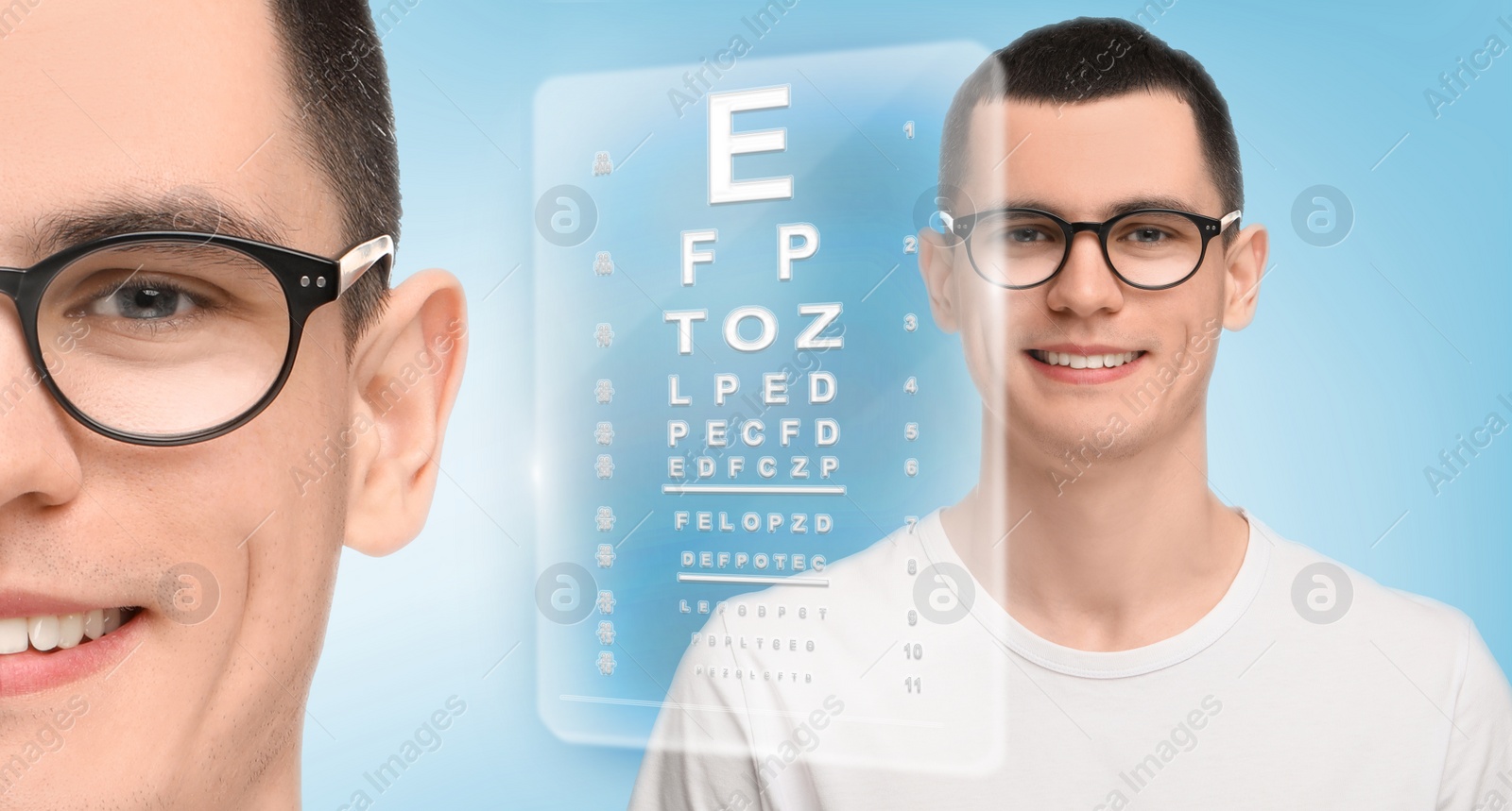 Image of Vision test. Man in glasses and eye chart on light blue background, banner design