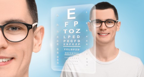 Vision test. Man in glasses and eye chart on light blue background, banner design