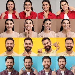 Image of People with showing white teeth on different color backgrounds, collage of photos