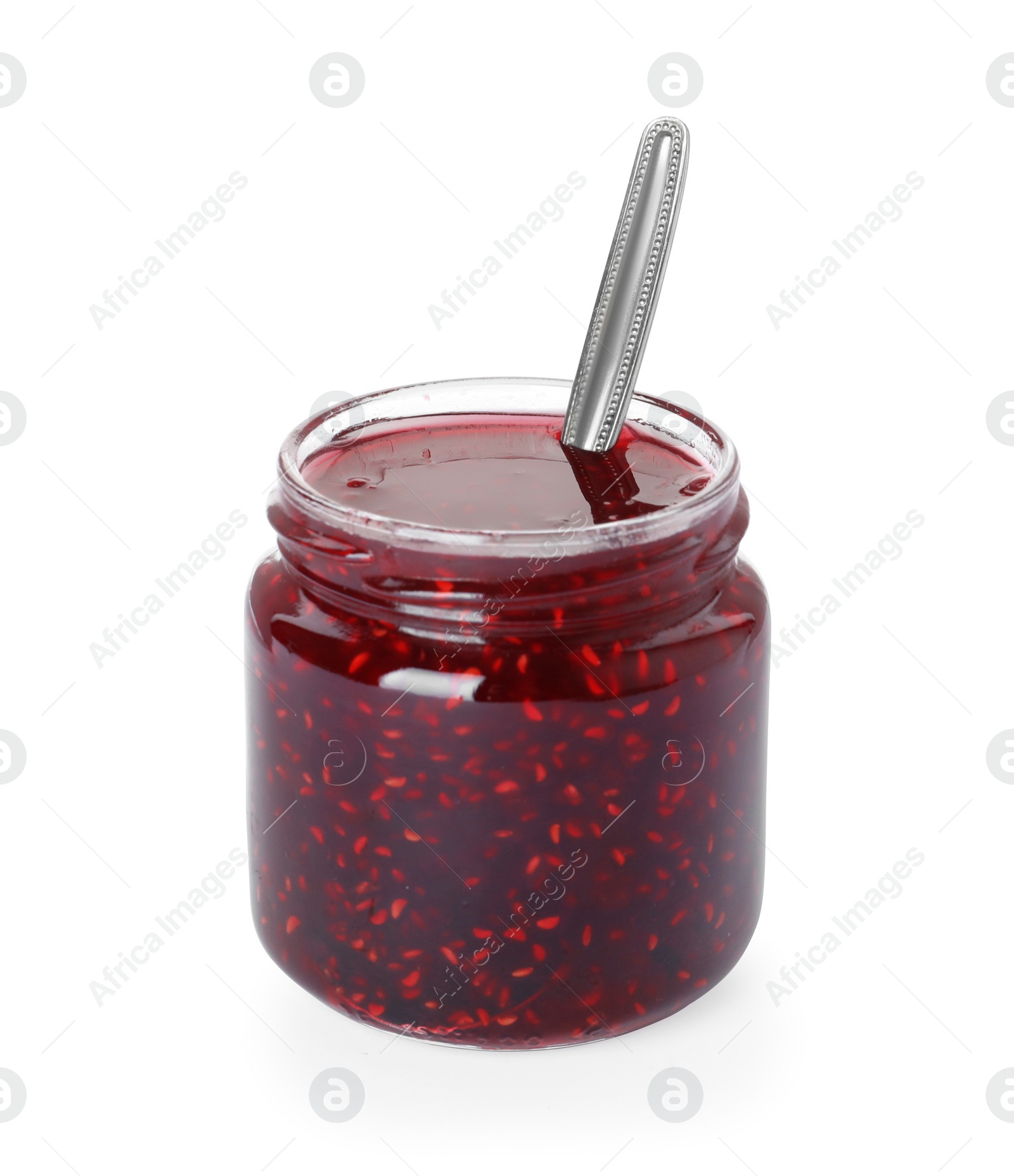 Photo of Jar of raspberry jam isolated on white