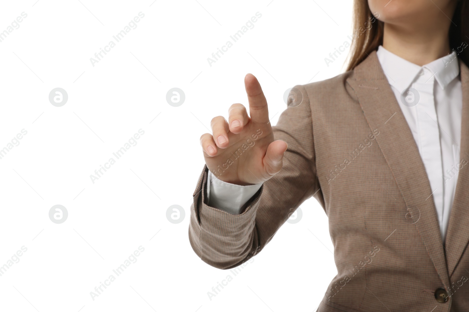 Photo of Businesswoman touching something on white background, closeup