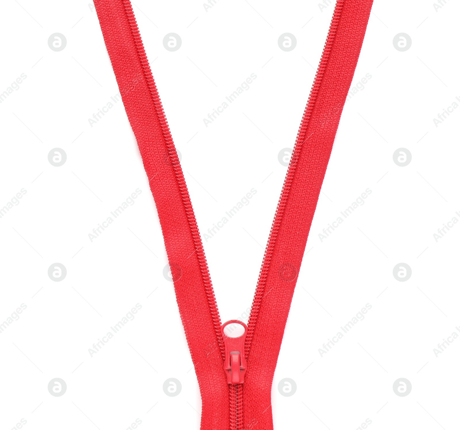 Photo of Red zipper on white background, top view