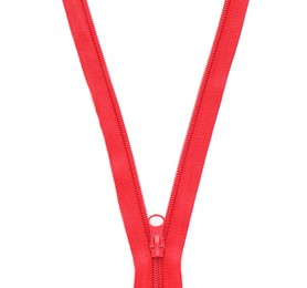 Red zipper on white background, top view