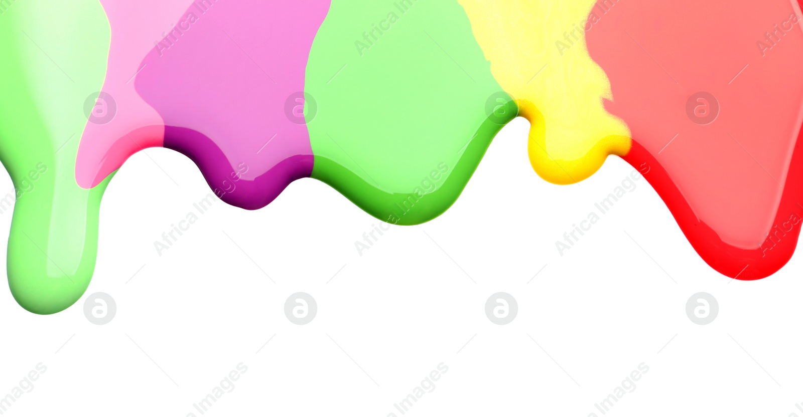 Photo of Colorful nail polishes spilled on white background