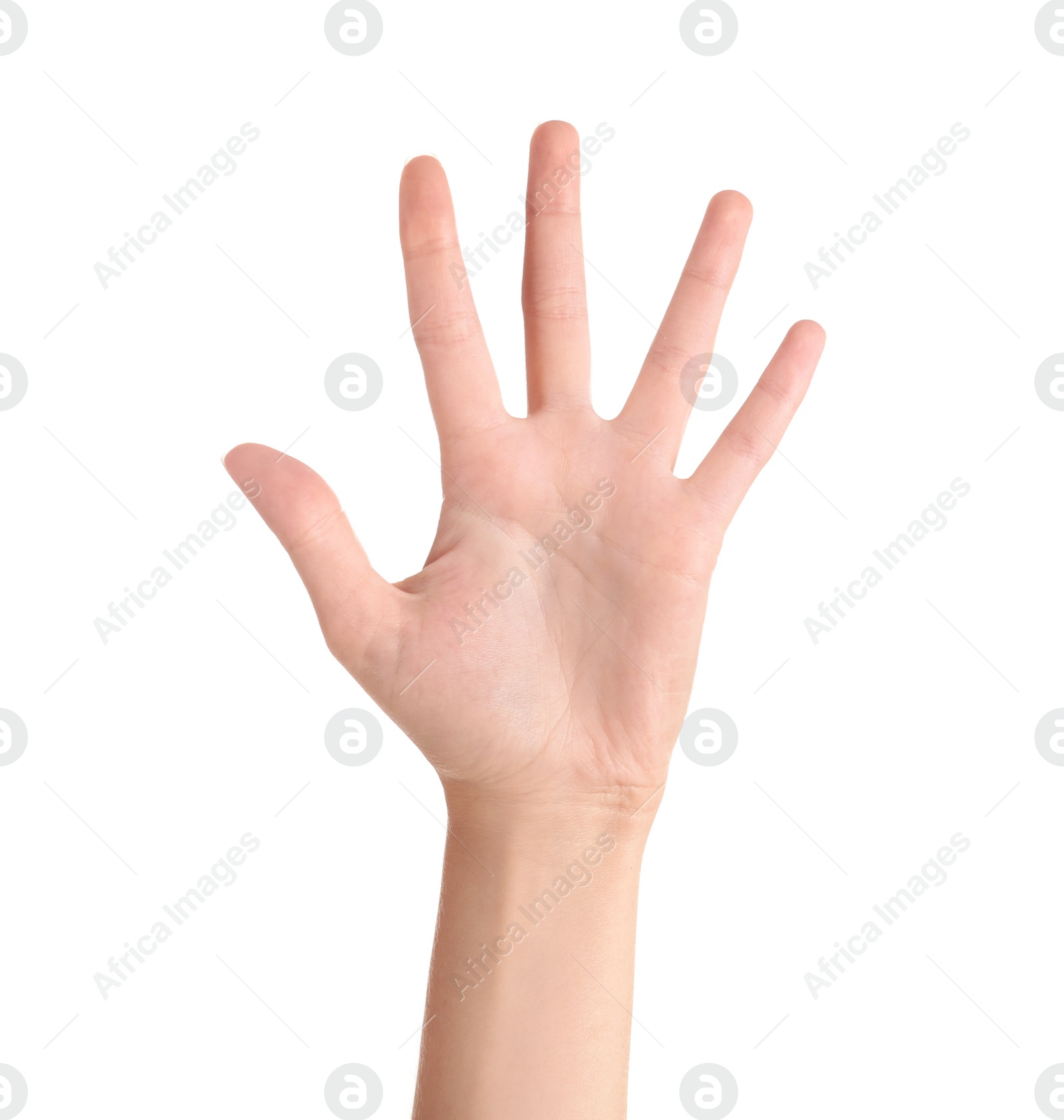 Photo of Abstract young woman's hand on white background