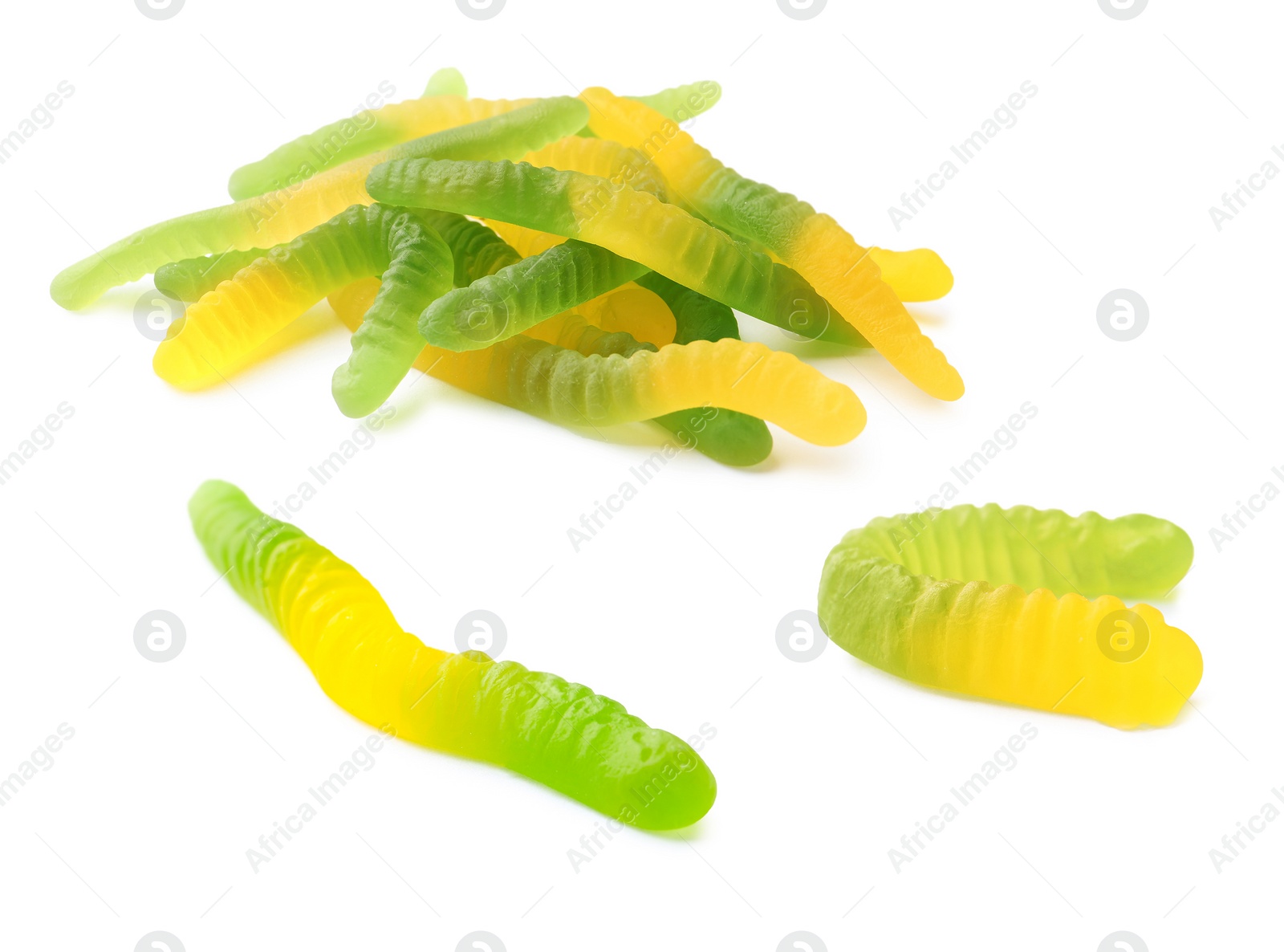 Image of Set of delicious jelly worms on white background