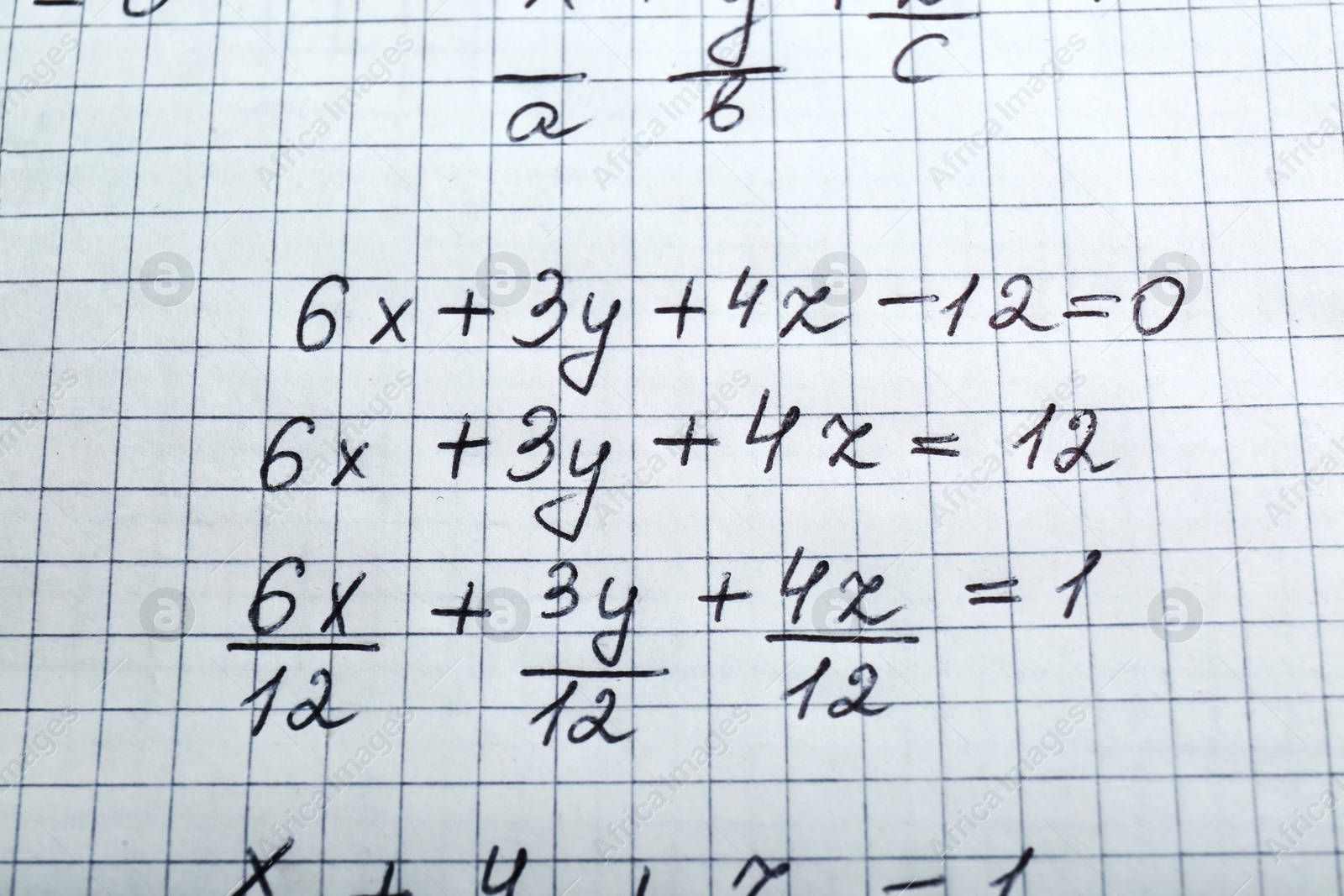 Photo of Sheet of paper with different mathematical formulas, top view