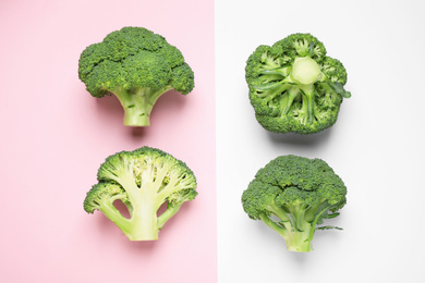 Photo of Fresh tasty broccoli on color background, flat lay