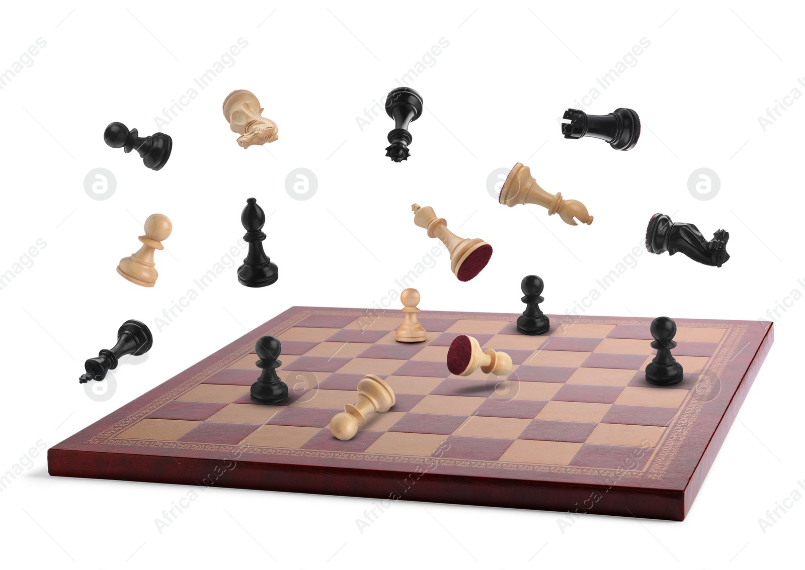 Image of Chess pieces and wooden checkerboard in air on white background