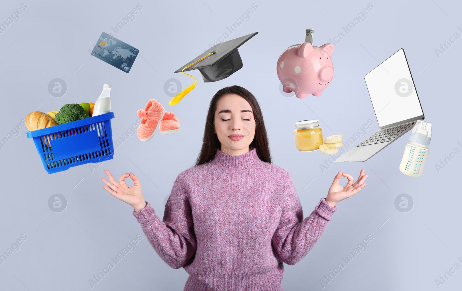 Image of Calm happy woman and different objects around her on light grey background. Balance in life  
