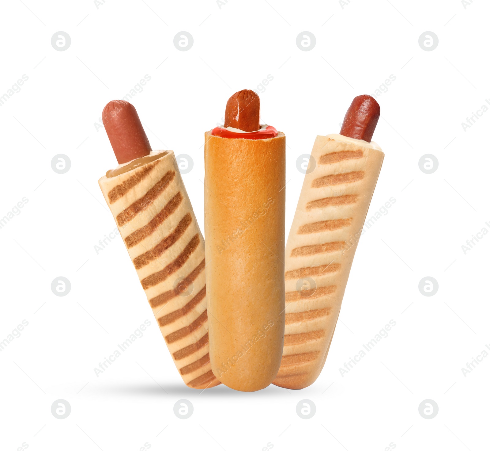 Image of Set of yummy French hot dogs with different sauces isolated on white