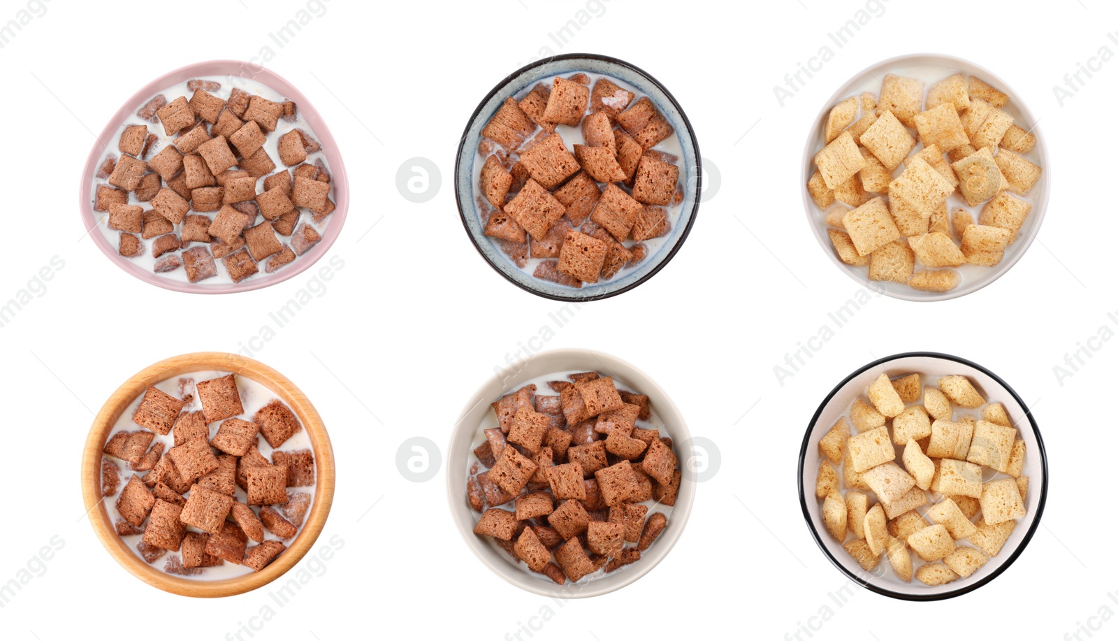 Image of Tasty corn pads with milk in bowls on white background, collage