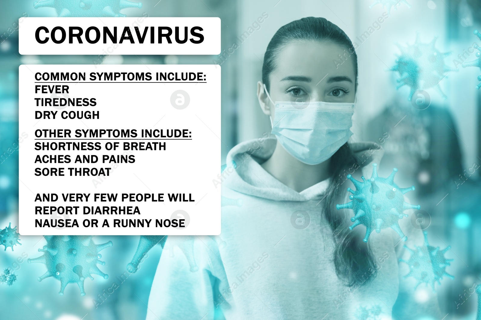 Image of Woman with medical mask indoors and list of coronavirus symptoms