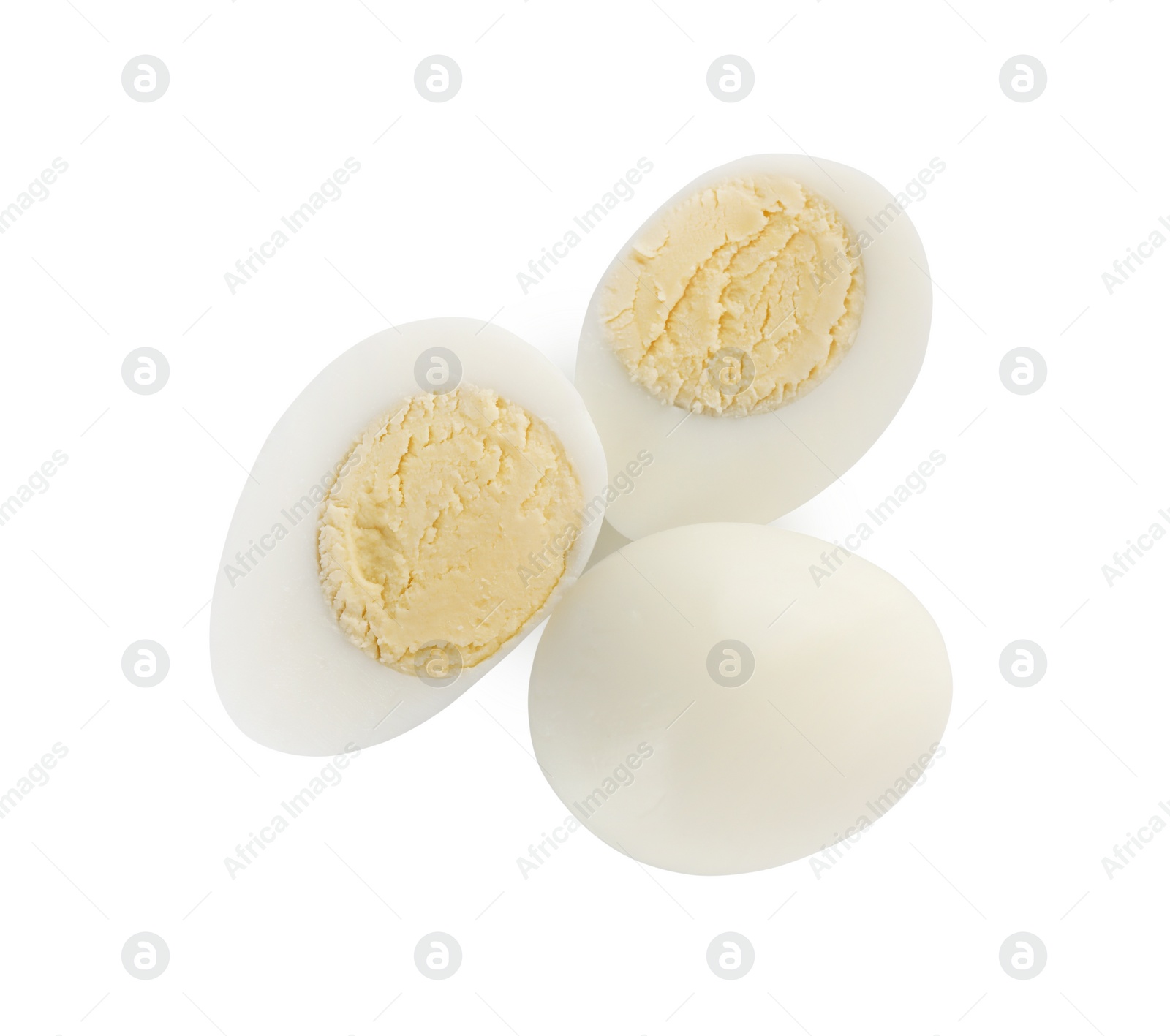 Photo of Peeled hard boiled quail eggs on white background, top view