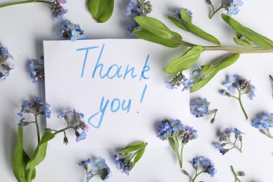 Photo of Card with phrase Thank You and beautiful forget-me-not flowers on white background, flat lay