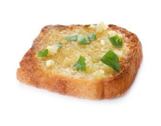 Photo of Slice of toasted bread with garlic and herb on white background