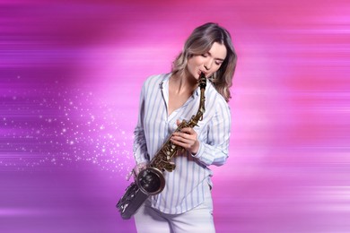 Image of Beautiful young woman playing saxophone on pink background