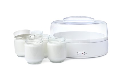 Photo of Modern yogurt maker with full jars on white background